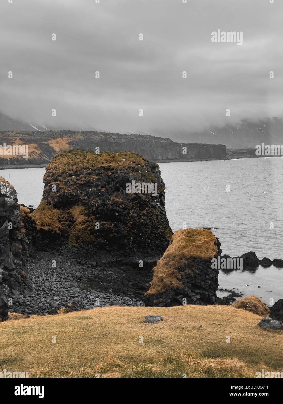Bizzarre formazioni rocciose di basalto nero nella baia di Dritvík, Djúpalónssandur, Snæfellsnes, Islanda. Foto Stock