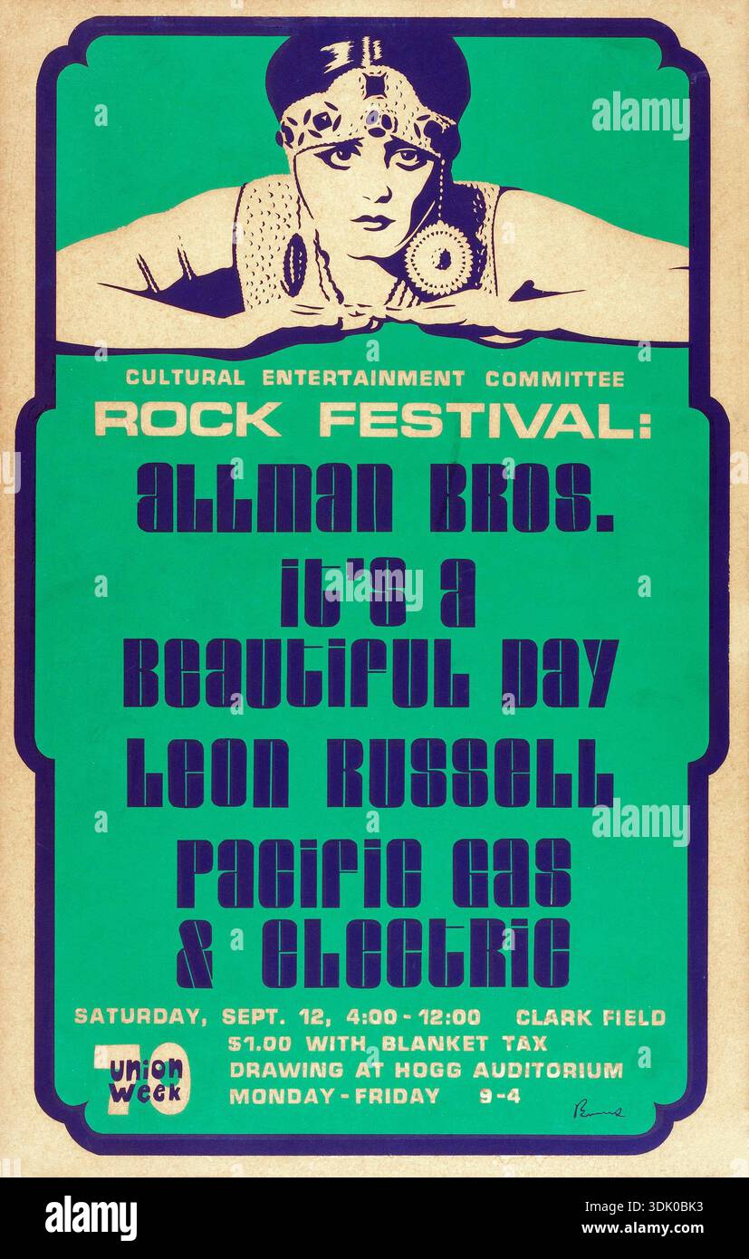 Questo poster del festival rock del 1970 per l'evento di Austin, Texas, presenta un'illustrazione stilizzata di una donna con un archetto e gioielli elaborati in un design rétro e psichedelico. Il poster pubblicizza le esibizioni della Allman Brothers Band, IT's a Beautiful Day, Leon Russell e Pacific gas & Electric, che riflettono la vivace scena musicale dell'epoca. Foto Stock