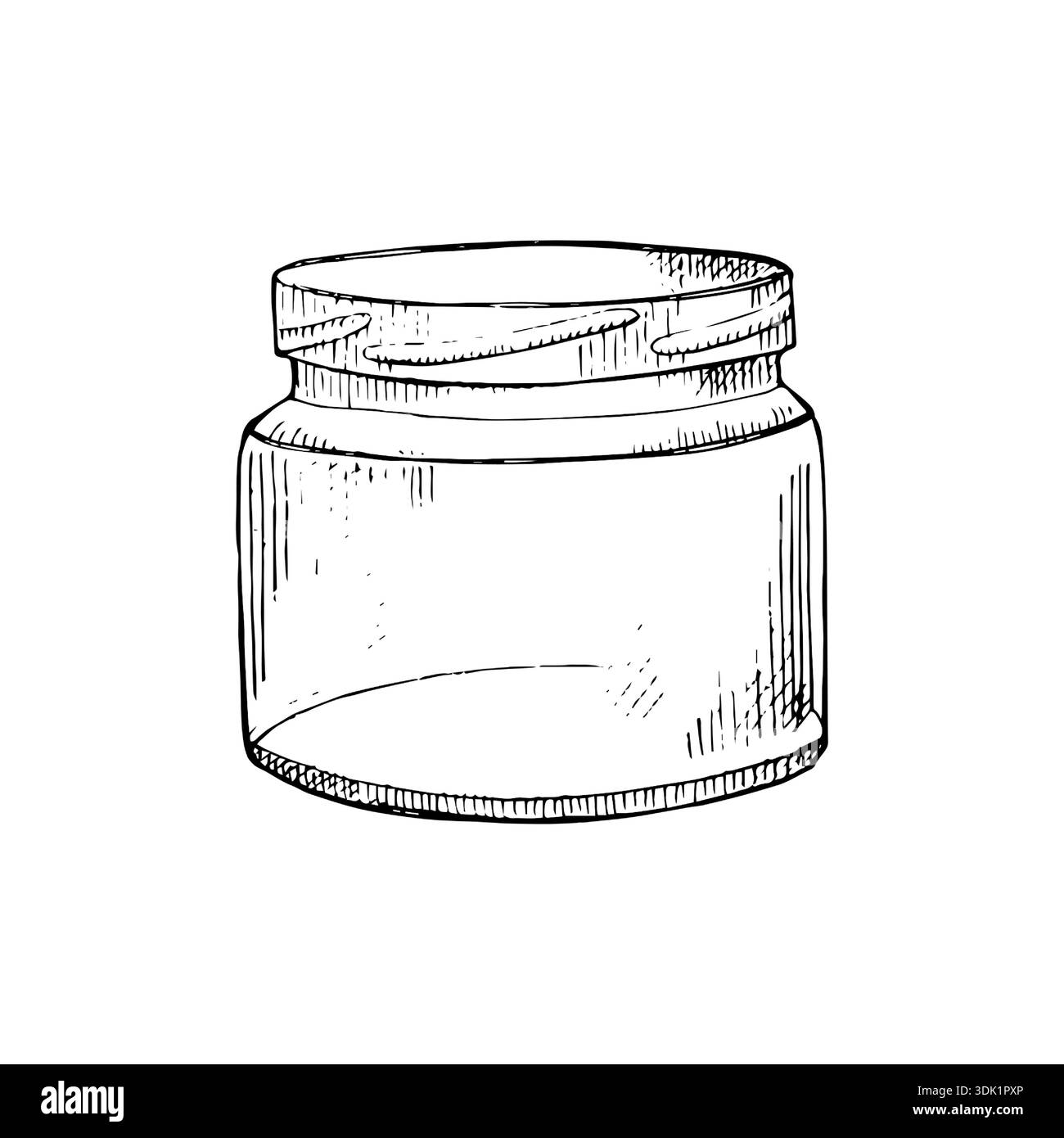Schizzo a inchiostro disegnato a mano di un vaso di vetro con coperchio, stile vintage line art. Ideale per imballaggi, etichette, marchi alimentari, decorazioni per cucine, loghi o stampe Illustrazione Vettoriale