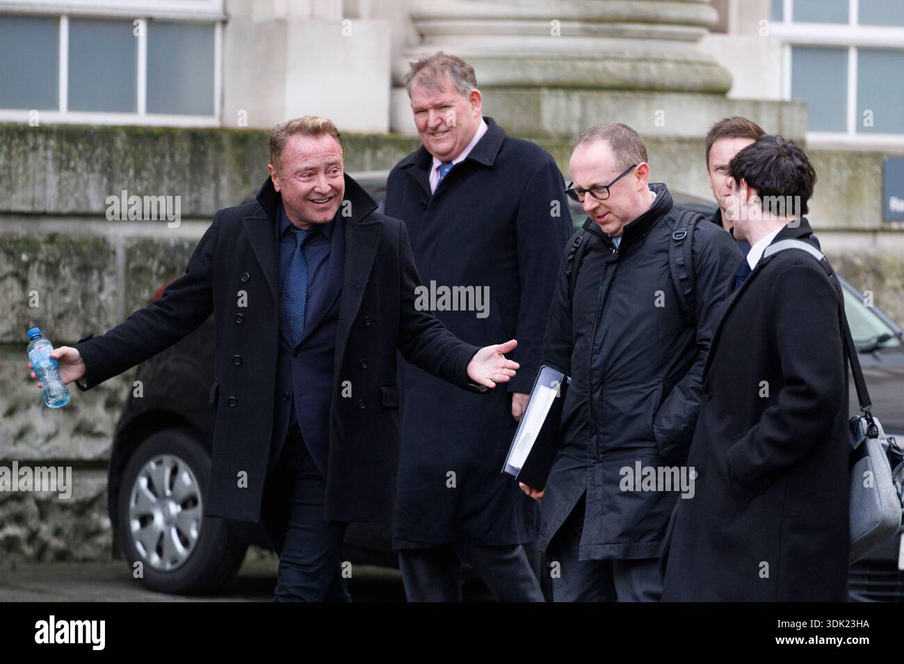 Michael Flatley (left) at Belfast High Court where Switzer Consulting is taking legal action in a civil case against the choreographer and dancer for alleged breach of contract, relating to an agreement the firm says was reached to allow it to run the dance shows. Picture date: Thursday January 29, 2026. Foto Stock