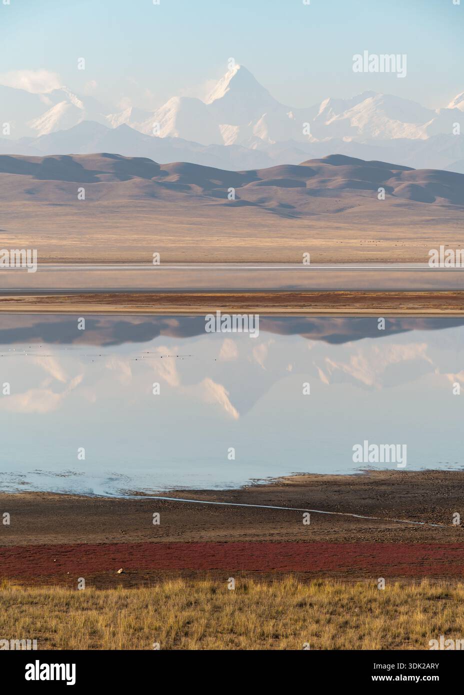 Vista di un tranquillo lago che rispecchia le lontane montagne innevate sotto un cielo limpido, contrastando i toni terrosi del primo piano, Karasaz, Almaty R. Foto Stock