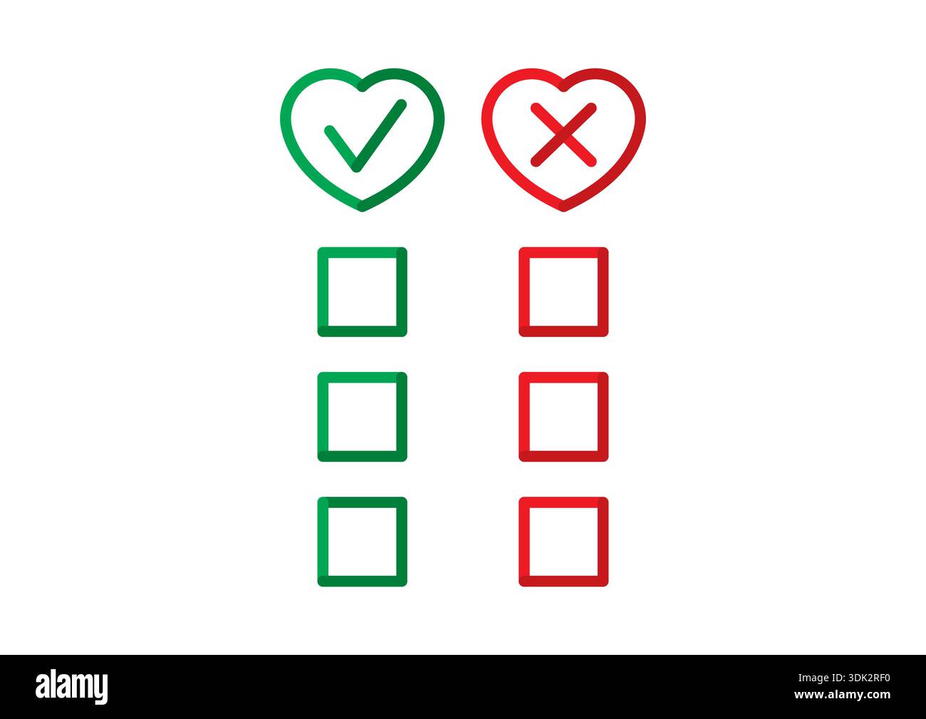 controlla il cartello con il cuore verde. annulla l'accesso con il cuore rosso. segno di spunta e segno di annullamento Illustrazione Vettoriale