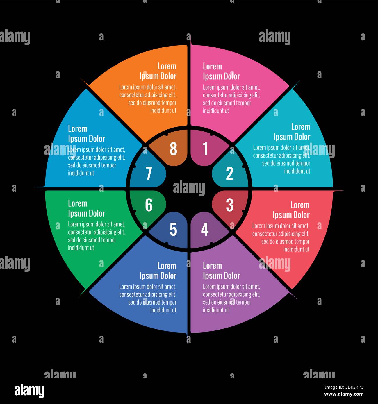 cerchio, modello infografico ruota. modello di informazioni su otto passi. modello infografico aziendale Illustrazione Vettoriale