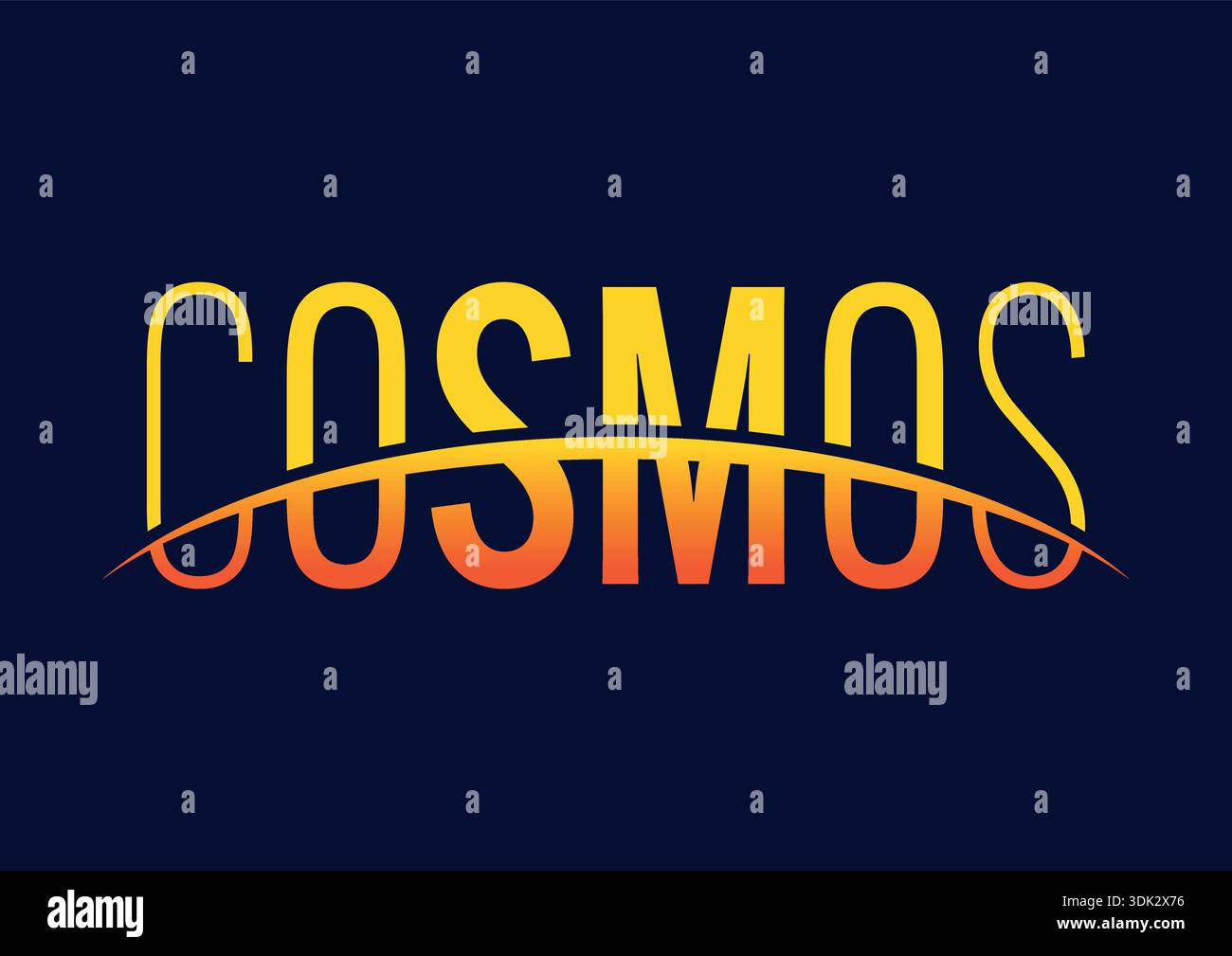 Il concetto di COSMOS all'orizzonte. logo cosmos. concetto cosmos in orbita su sfondo blu scuro. Illustrazione Vettoriale