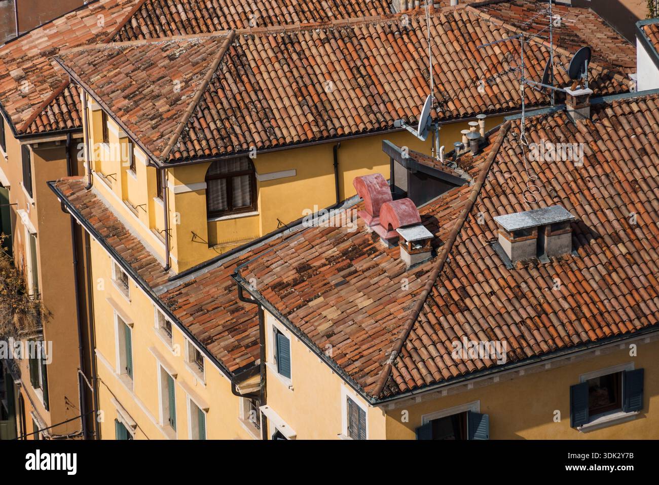Uno scatto a livello visivo cattura gli intricati dettagli dei tetti di Verona, mostrando le piastrelle di terracotta e gli elementi architettonici. Foto Stock