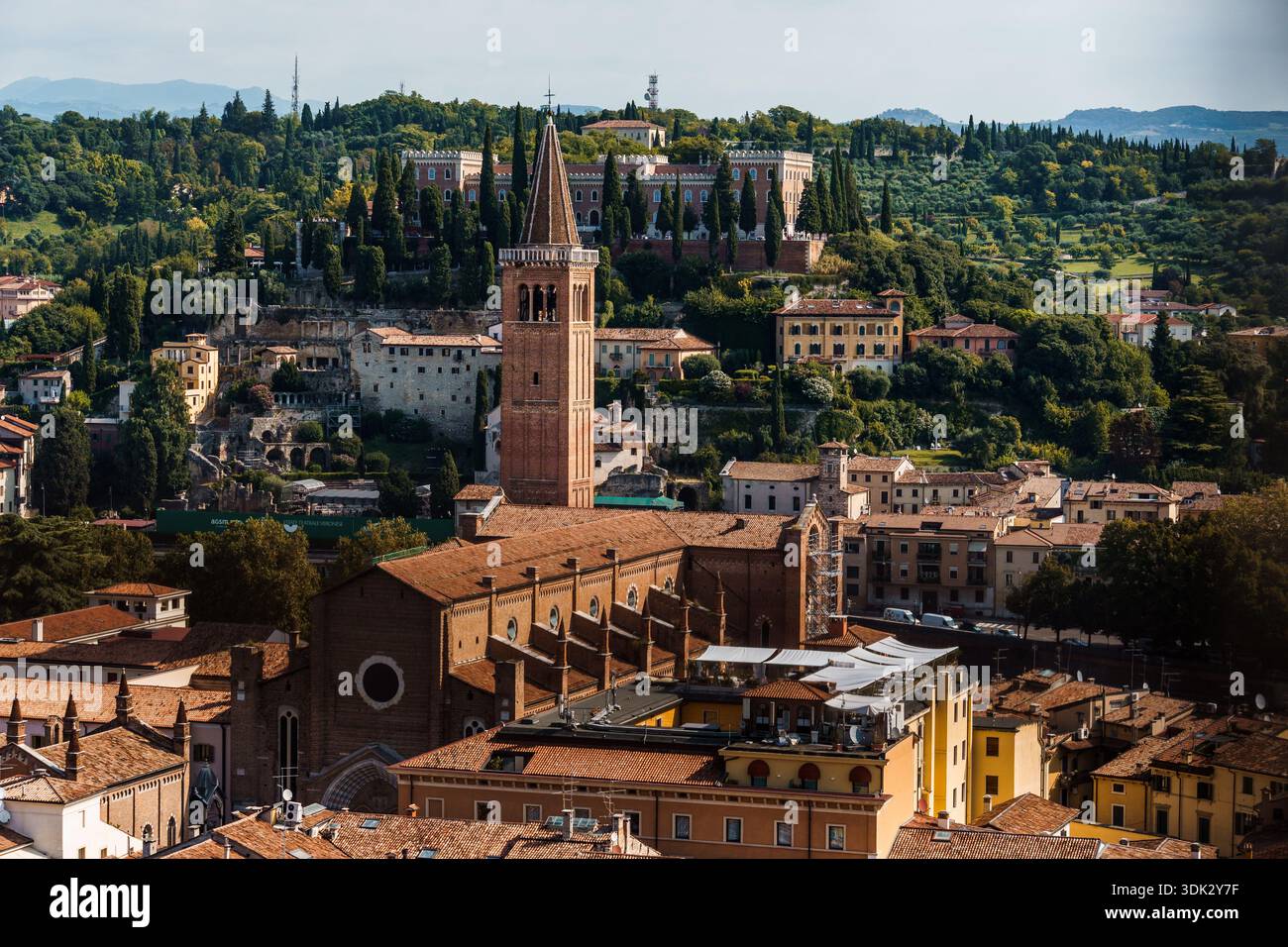Uno scatto a livello di occhi cattura gli intricati dettagli del paesaggio urbano di Verona, mostrando la sua bellezza architettonica e la calda luce del sole. Foto Stock