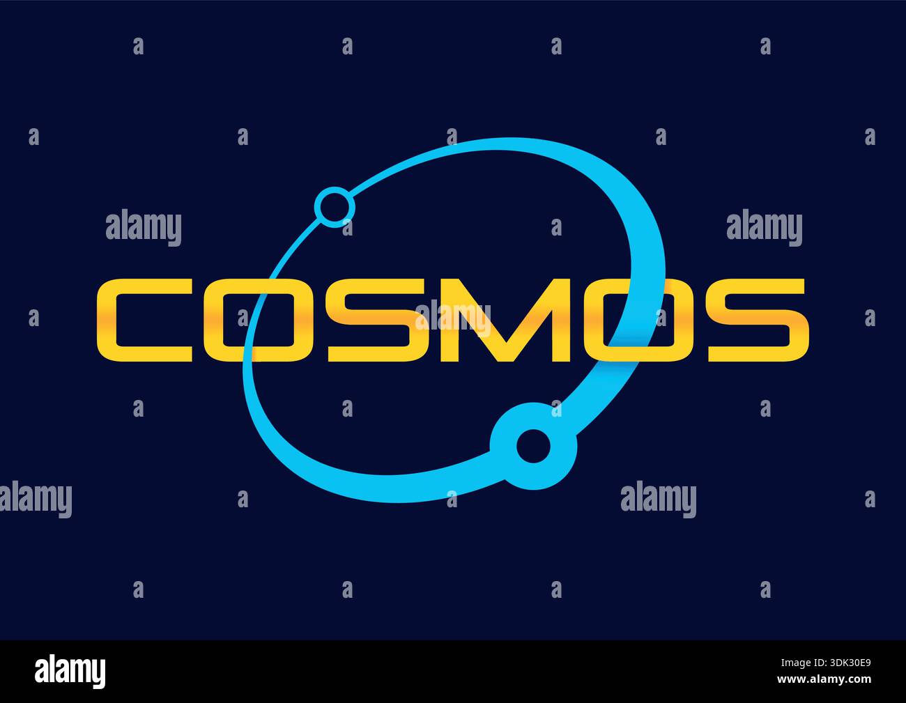 Concetto COSMOS su sfondo blu scuro. logo cosmos. concetto di parola e orbita cosmos Illustrazione Vettoriale