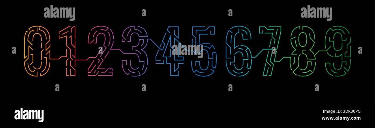 numeri digitali e futuristici su sfondo bianco. numeri tecnologici gradiente 0-9 Illustrazione Vettoriale