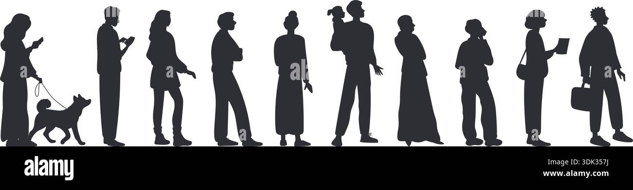 Uomini, donne e bambini sono in fila. Gruppo organizzato. Le persone sagomano la vista laterale. Clienti in coda. In attesa di recarsi alla cassa o. Illustrazione Vettoriale