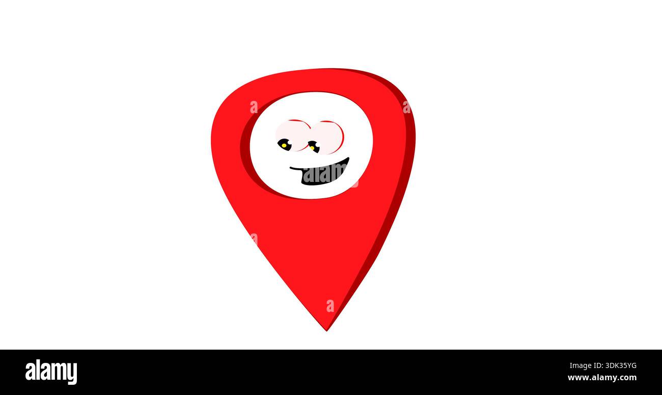 Spilla di posizione GPS rossa in stile cartoni animati con un volto sorridente, che rappresenta navigazione, mappe, servizi di consegna e applicazioni basate sulla posizione. Amichevole e.. Foto Stock