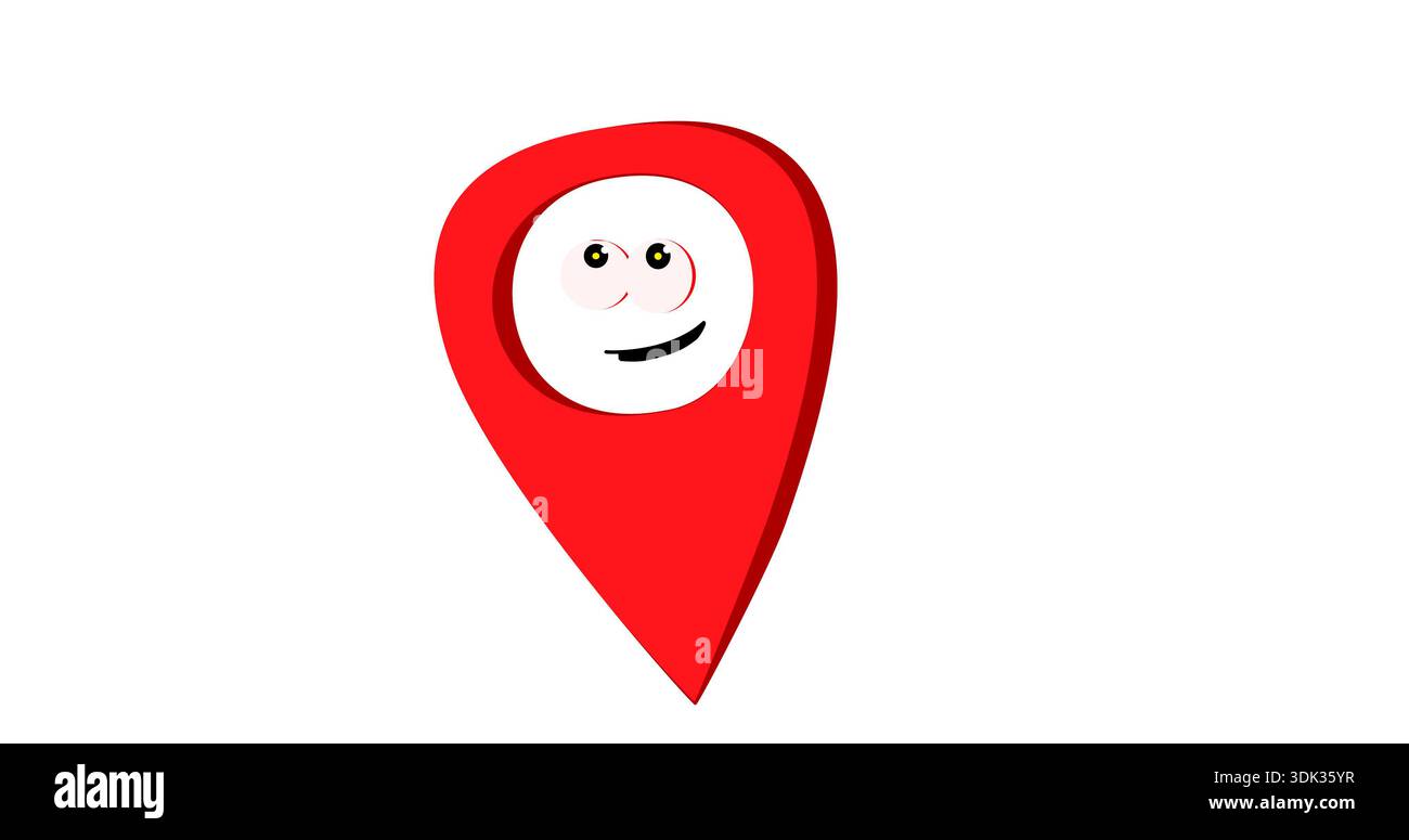Spilla di posizione GPS rossa in stile cartoni animati con un volto sorridente, che rappresenta navigazione, mappe, servizi di consegna e applicazioni basate sulla posizione. Amichevole e.. Foto Stock