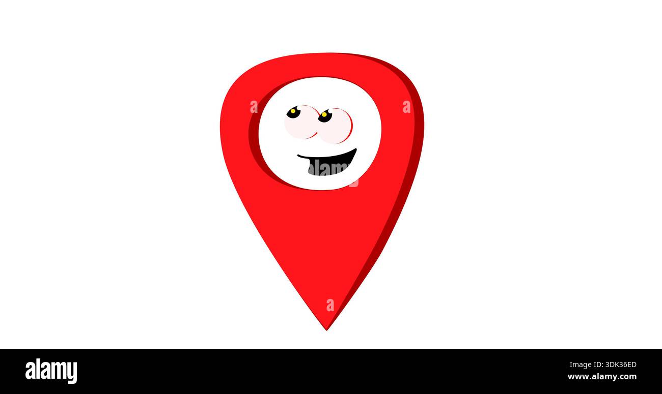 Spilla di posizione GPS rossa in stile cartoni animati con un volto sorridente, che rappresenta navigazione, mappe, servizi di consegna e applicazioni basate sulla posizione. Amichevole e.. Foto Stock