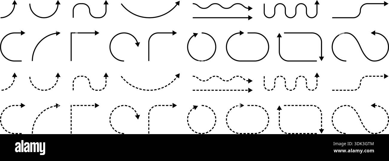 Set di indicazioni infografiche con frecce di navigazione, percorsi ondulati e linee di roadmap dritte. Elementi grafici con punti, curve e percorsi a zig-zag per i diagrammi di viaggio. Illustrazione Vettoriale