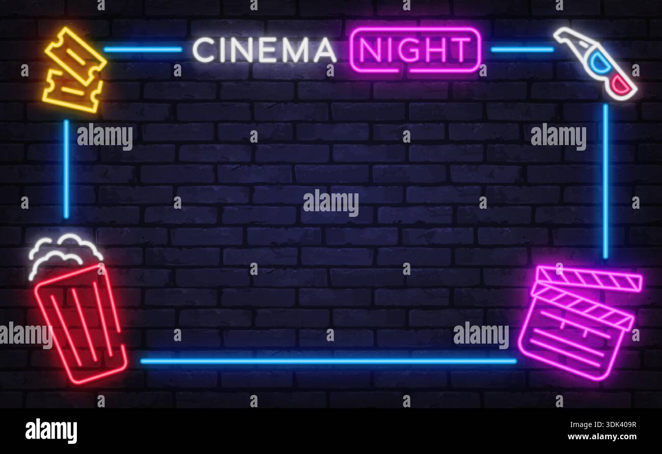 Insegna notturna al cinema al neon con popcorn, biglietti, bicchieri e lavagna. Cornice a tema per l'intrattenimento perfetta per eventi cinematografici e promozioni. Illustrazione Vettoriale