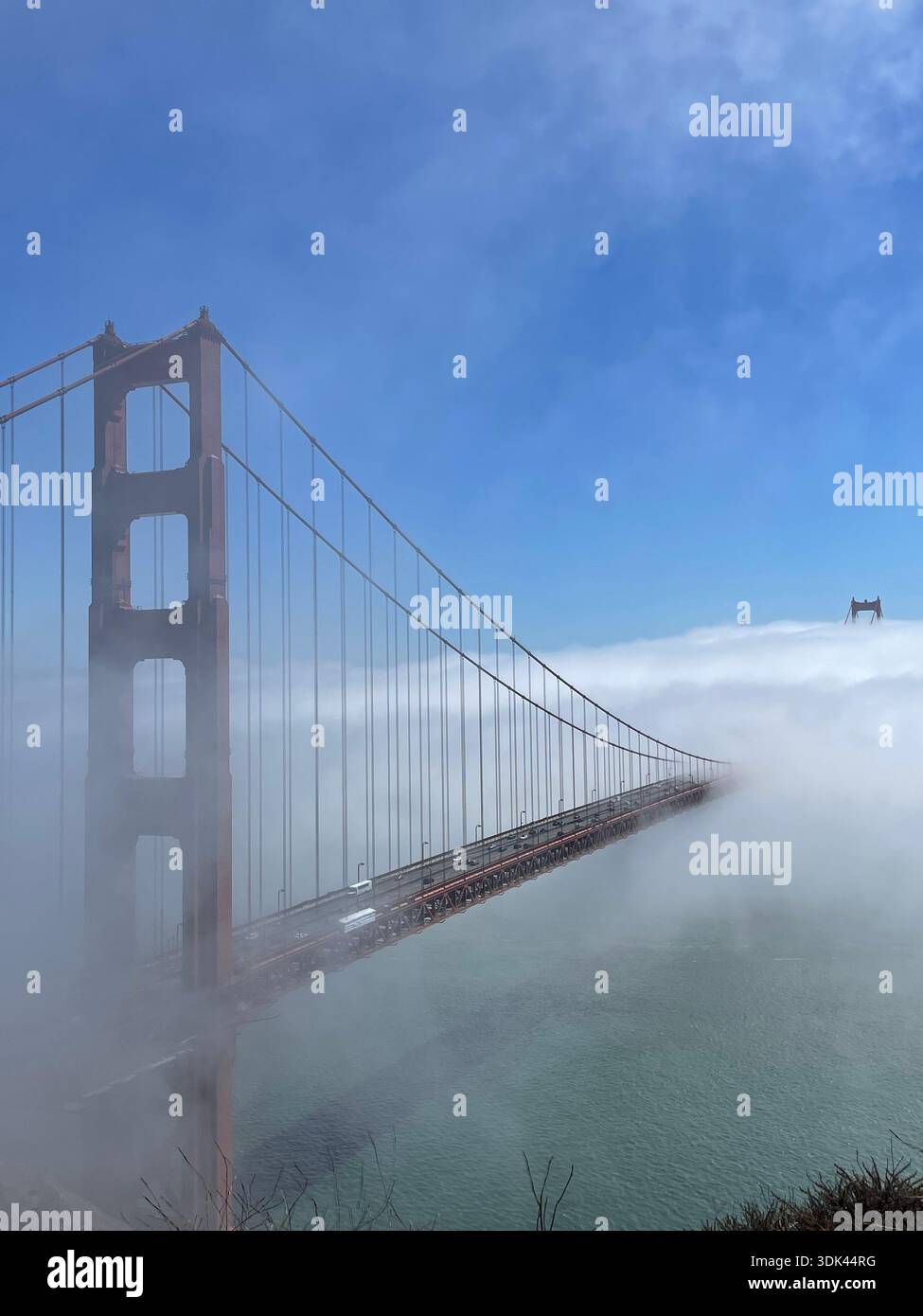 Golden Gate Bridge che emerge dalla nebbia costiera sulla baia di San Francisco sotto un cielo azzurro e limpido, creando una scena di viaggio suggestiva e iconica. - Immagine stock catturata con smartphone