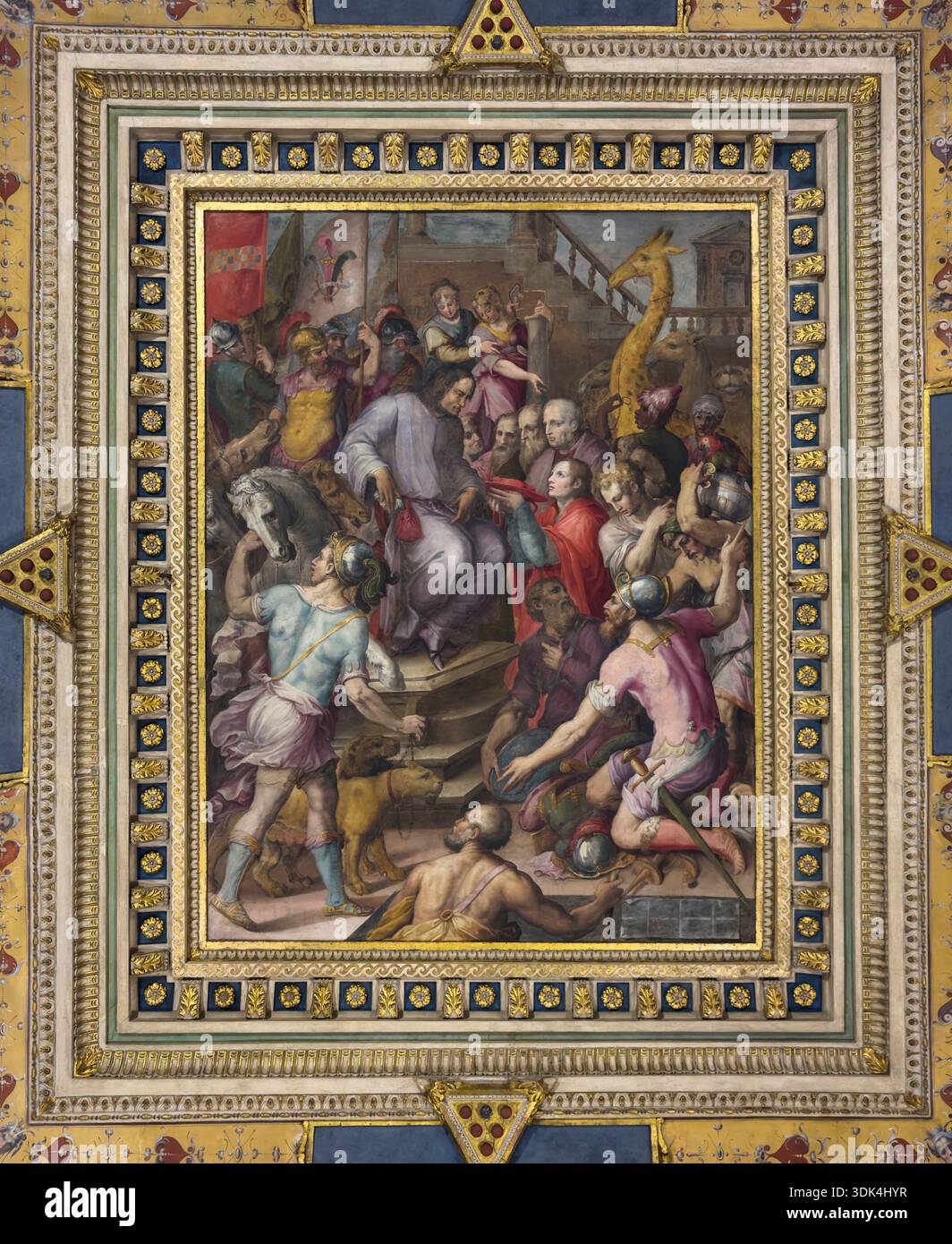 Affresco a soffitto di Lorenzo il magnifico riceve il tributo degli ambasciatori di Giorgio Vasari. A Palazzo Vecchio a Firenze, Italia Foto Stock
