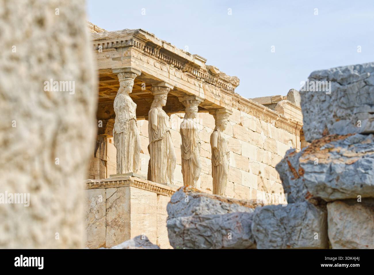 Portico delle Cariatidi, Tempio di Eretteo, Acropoli, Atene, Grecia Foto Stock