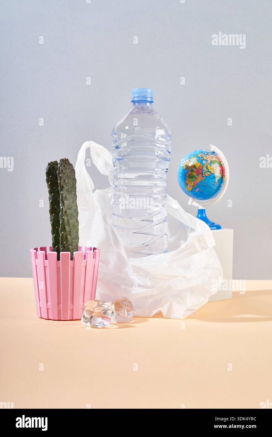 Natura morta con bottiglia di plastica, cactus e globo Foto Stock