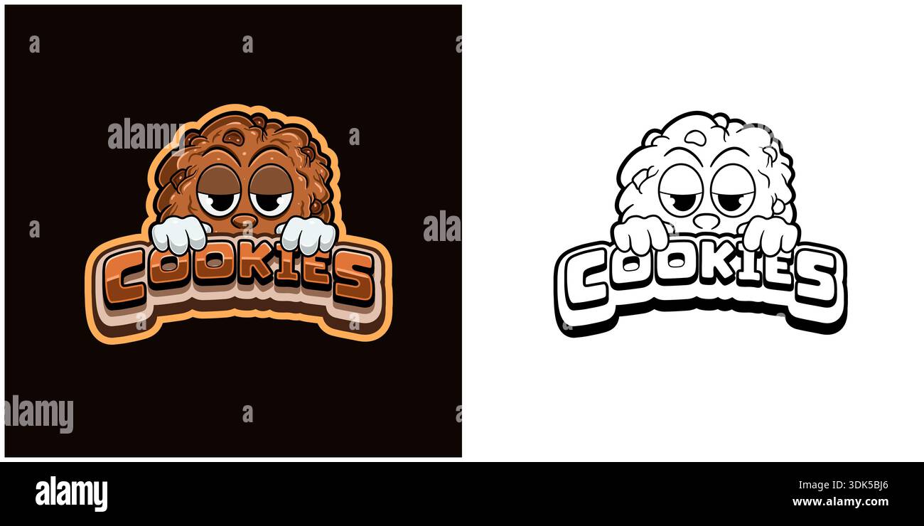 Logo dei cartoni animati con testo e un'espressione elevata. Design a colori e in bianco e nero. Illustrazione Vettoriale