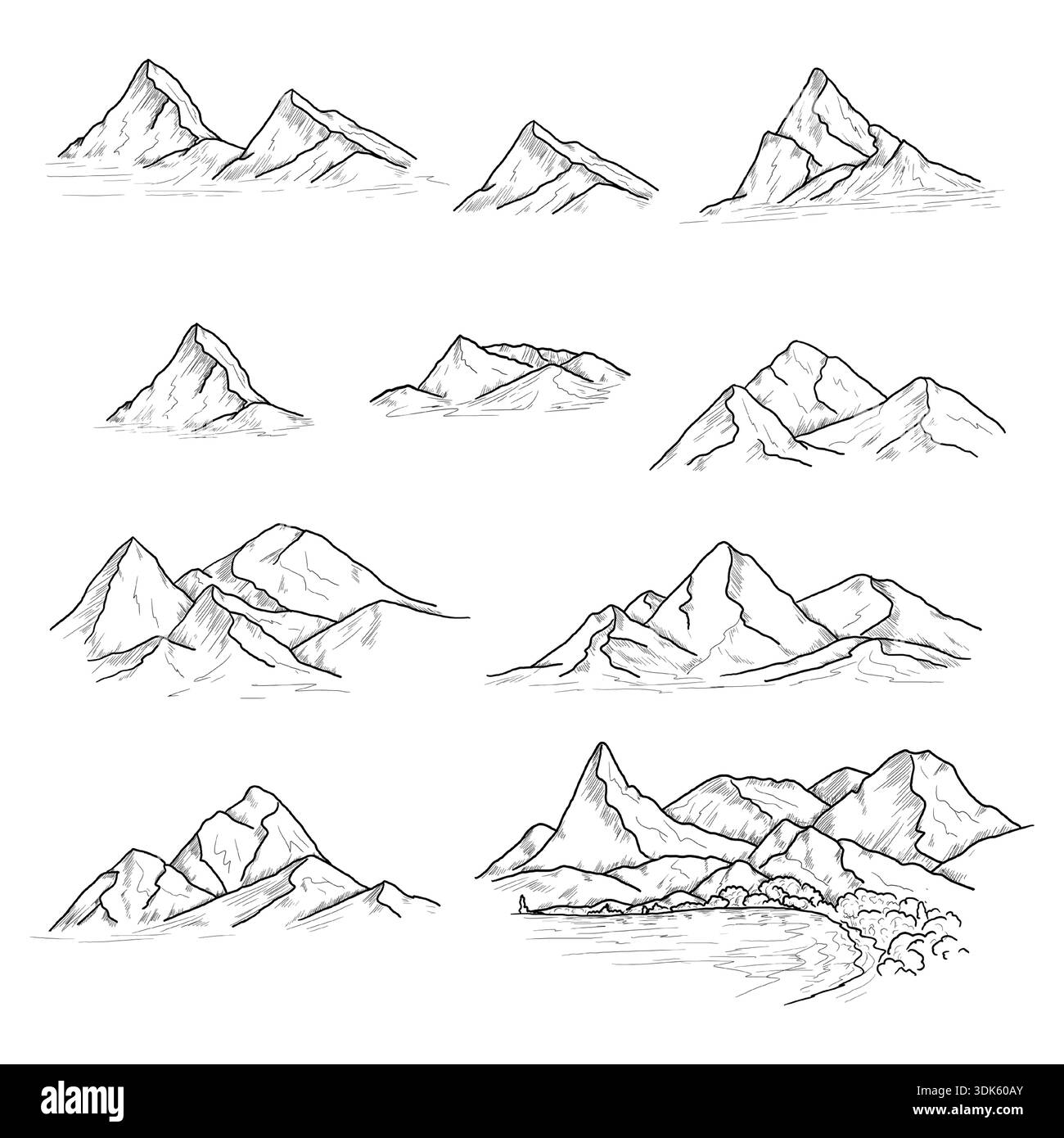 Montagne, sketch in bianco e nero. Illustrazione vettoriale. Rocce e pietre nari sovan disegnate a mano in stile semplice, isolate su sfondo bianco Illustrazione Vettoriale