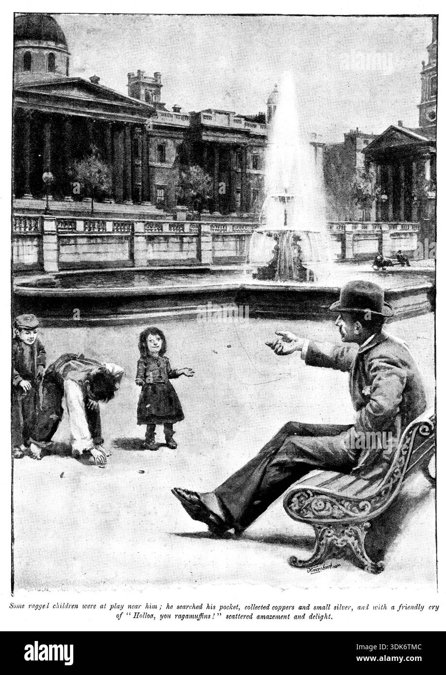 Eve's Ransom... alcuni bambini furiosi erano a giocare vicino a lui... 1895. '...ha perquisito la sua tasca, ha raccolto copper e piccolo argento, e con un grido amichevole di "Holloa, voi ragamuffin!" stupore e delizie sparse". Illustrazione di Walter Paget, su un romanzo a puntate di George Gissing. Da "Illustrated London News", 1895. Foto Stock