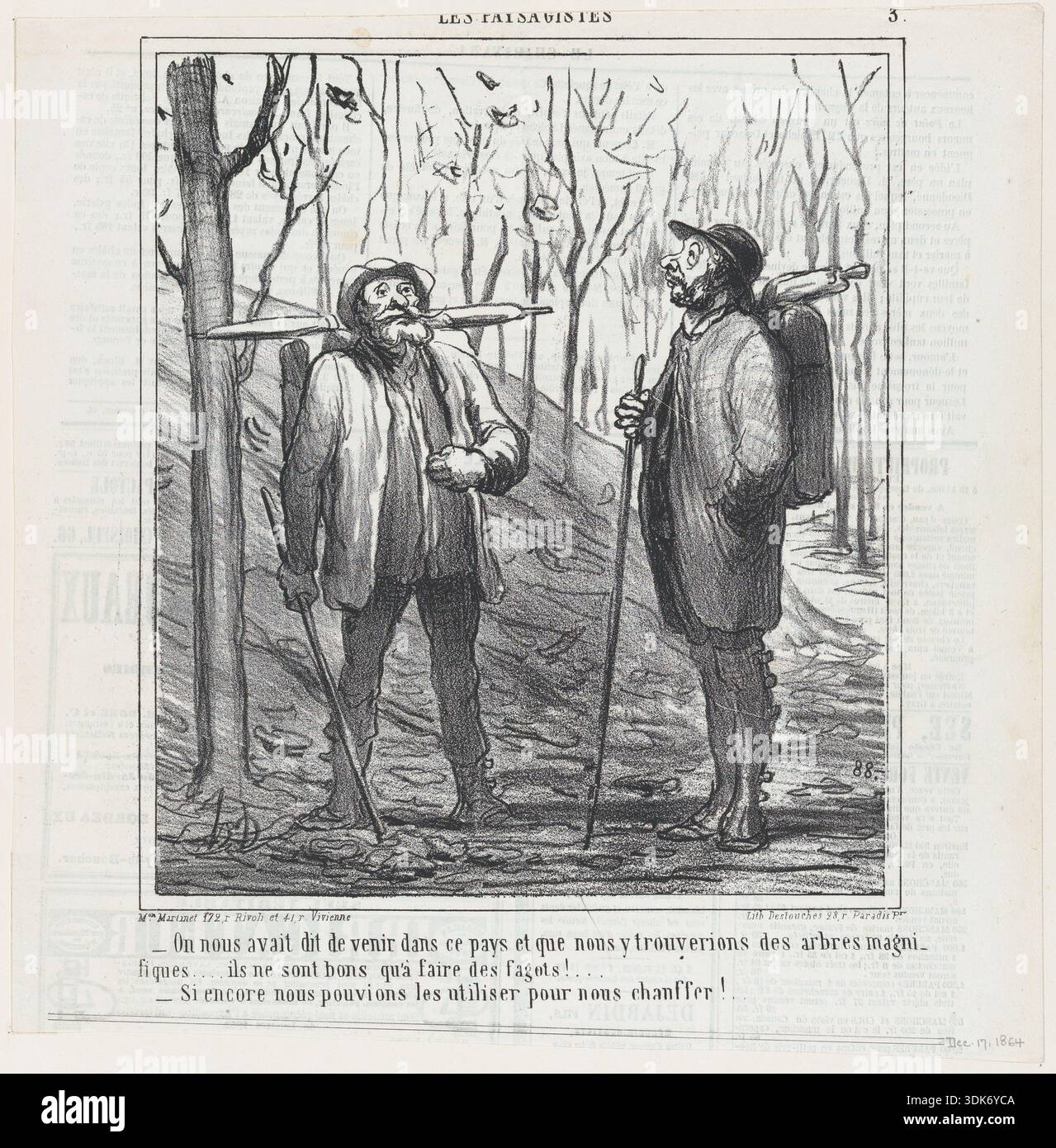 On nous avait dit de venir dans ce paga ..., 1864. ...et que nous y trouverions des arbres magnifiques...ils ne sont bons qu'ai faire des fagots! - Si encore nous pouvions les utilizer pour nous chauffer! (Primo pittore: Ci è stato detto di venire in questa zona e che avremmo trovato magnifici alberi... sono utili solo per fare pacchetti di accenti! Secondo pittore: Se solo potessimo usarli per scaldarci!) Da Les Paysagistes (pittori paesaggistici), pubblicato su le Charivari, 17 dicembre 1864. Foto Stock