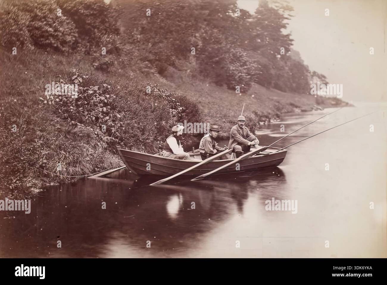 Fishing Party, Perthshire, da un album compilato da Sir John Everett Millais, 1879. Rupert Potter al centro tra due figure non identificate. Foto Stock