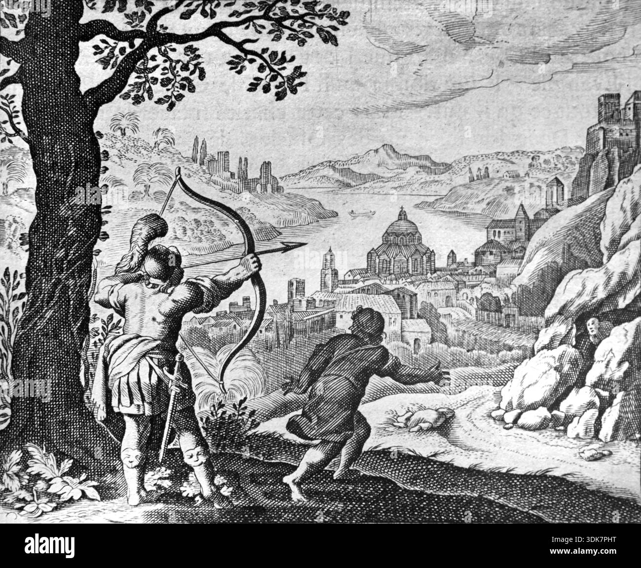 Giònata, figlio del re Saul del Regno di Israele e della tribù di Beniamino, e Davide, figlio di Iesse di Betlemme, della tribù di Giuda. David si nasconde a Rocks credendo che il padre di Jonathan voglia ucciderlo. Jonathan e David divennero amici intimi e rivali. Davide divenne re di Israele. Primo Libro di Samuele 20. Illustrazione d'epoca, storica o storica o incisione in legno dalla Bibbia francese del 1687 Foto Stock