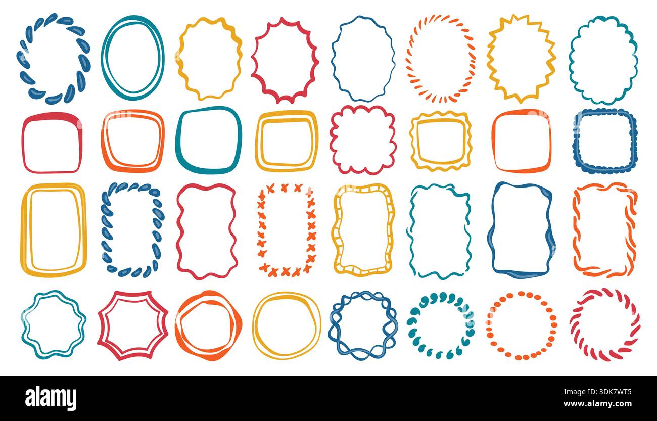 Una serie di cornici e bordi disegnati a mano, colorati e stravaganti. Varie forme, ovali, rettangoli, cerchi in rosso, blu, stile doodle arancione e giallo. Illustrazione Vettoriale