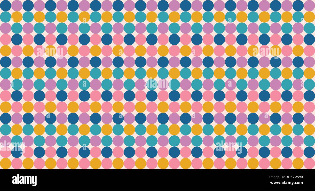 Un motivo a punti colorato e senza cuciture con un'atmosfera retrò. Presenta un motivo geometrico a ripetizione punteggiato di cerchi in rosa, viola, blu e giallo su un neut Illustrazione Vettoriale