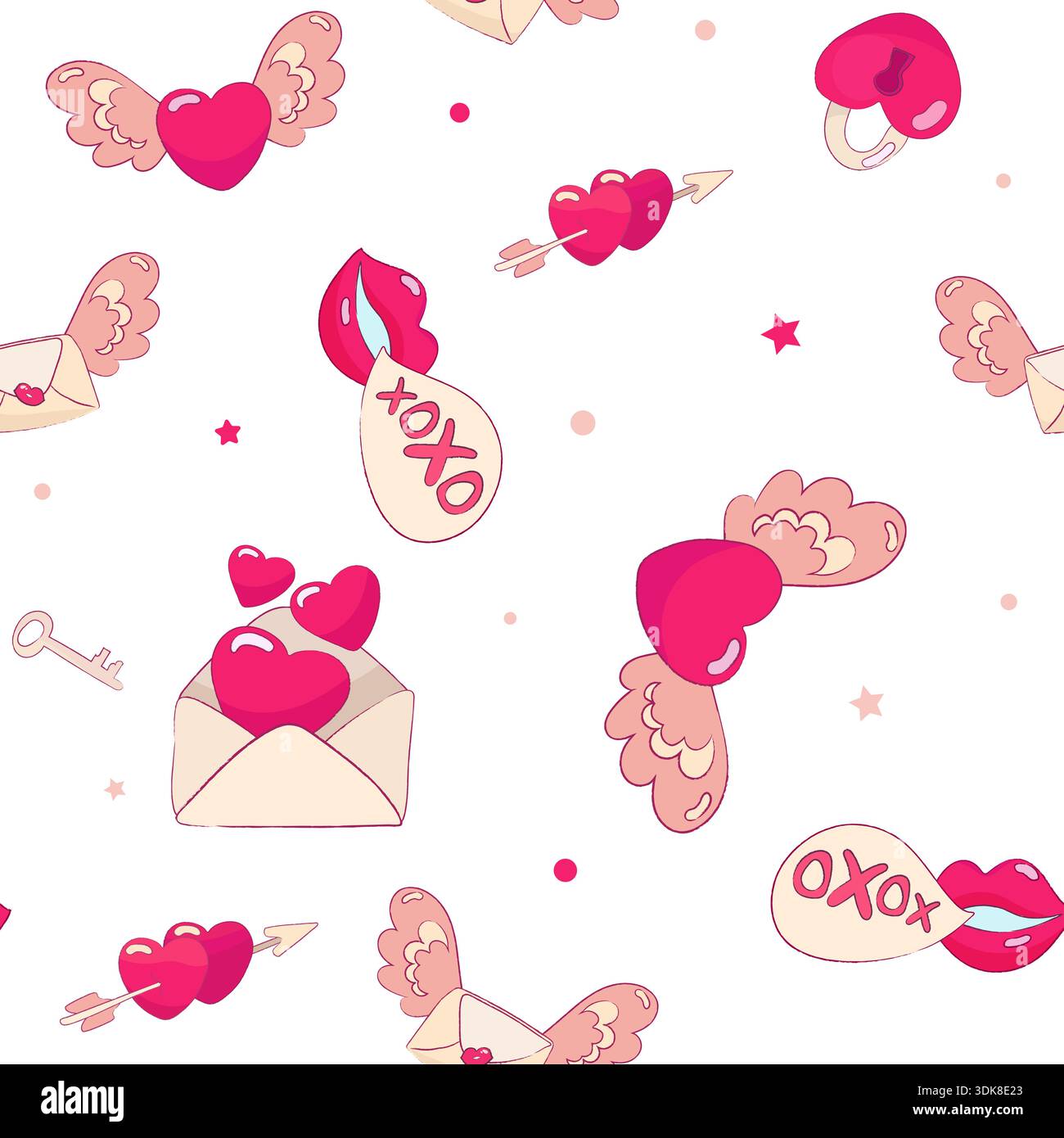 Motivo vettoriale di San Valentino senza cuciture con cuori, labbra, lettere d'amore, frecce e simboli romantici in una tavolozza di colori rosa. Illustrazione Vettoriale