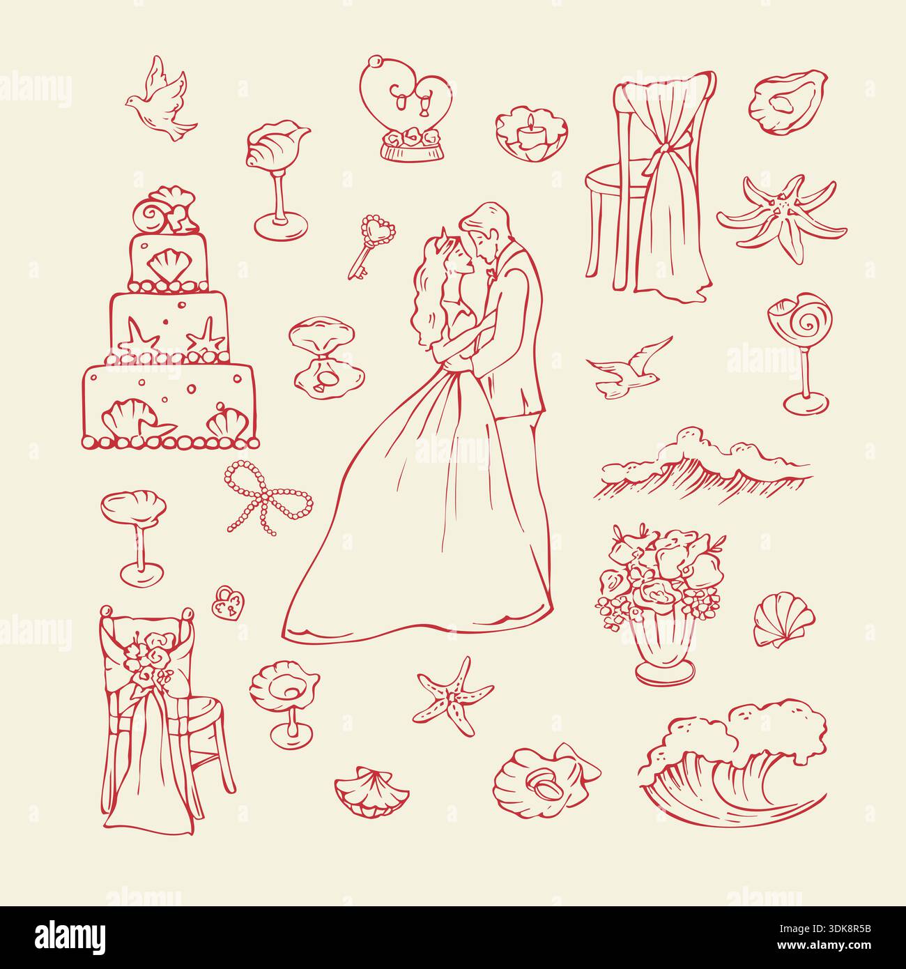 Incantevole collezione di spaghetti disegnati a mano per matrimoni in mare Illustrazione Vettoriale