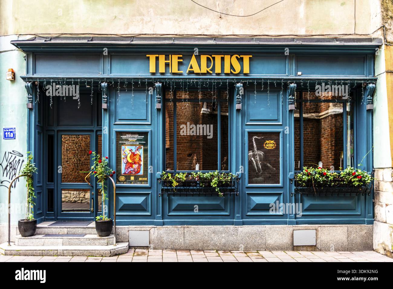 Jazz bar, dettagli dei vicoli della città vecchia, Cracovia, Polonia Foto Stock