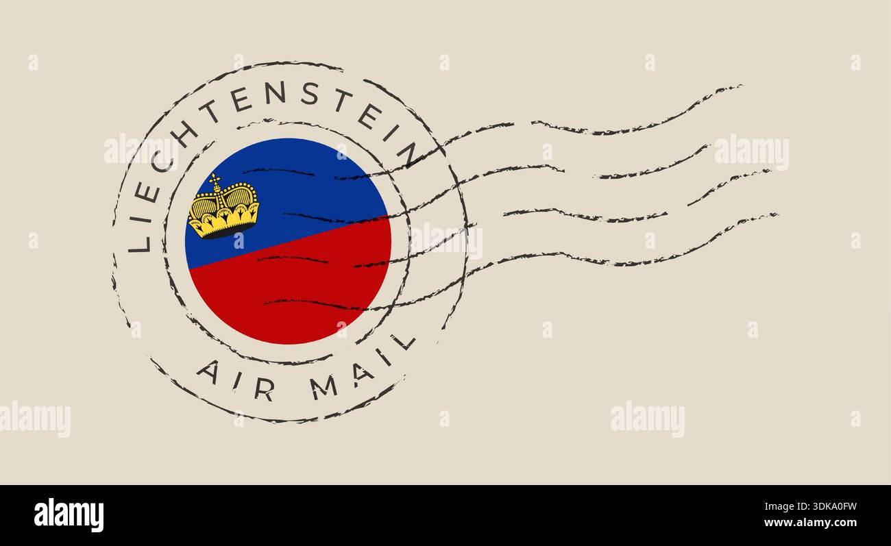 Distressed Liechtenstein Flag Grunge Postmark marchio circolare per la posta aerea internazionale e il servizio postale. Illustrazione Vettoriale