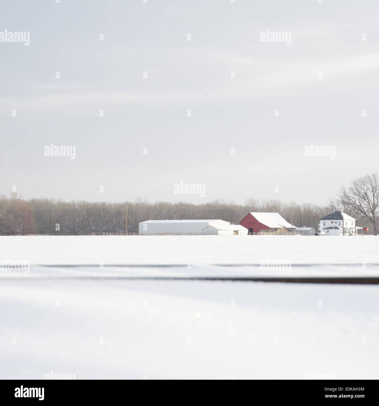fattoria e fienile rosso in un paesaggio innevato. Foto Stock