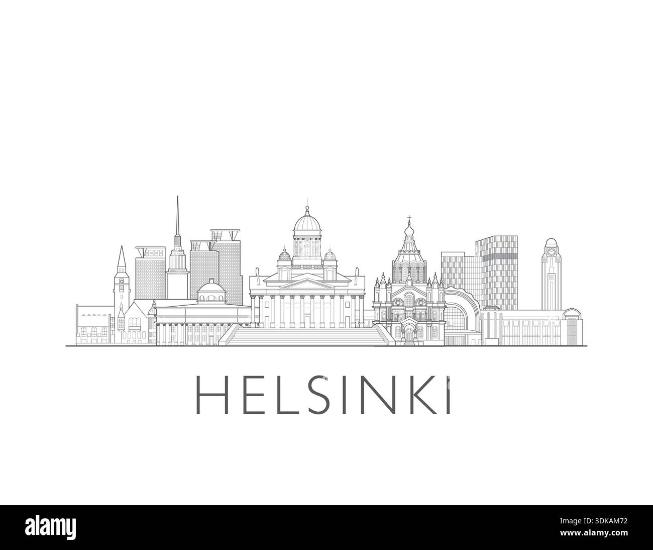 Skyline di Helsinki, Finlandia. Paesaggio urbano con luoghi di interesse e monumenti. Illustrazione dello skyline digitale disegnata a mano. Foto Stock