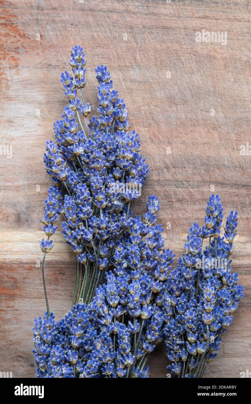 Fasci di lavanda viola secca su un tavolo di legno Foto Stock