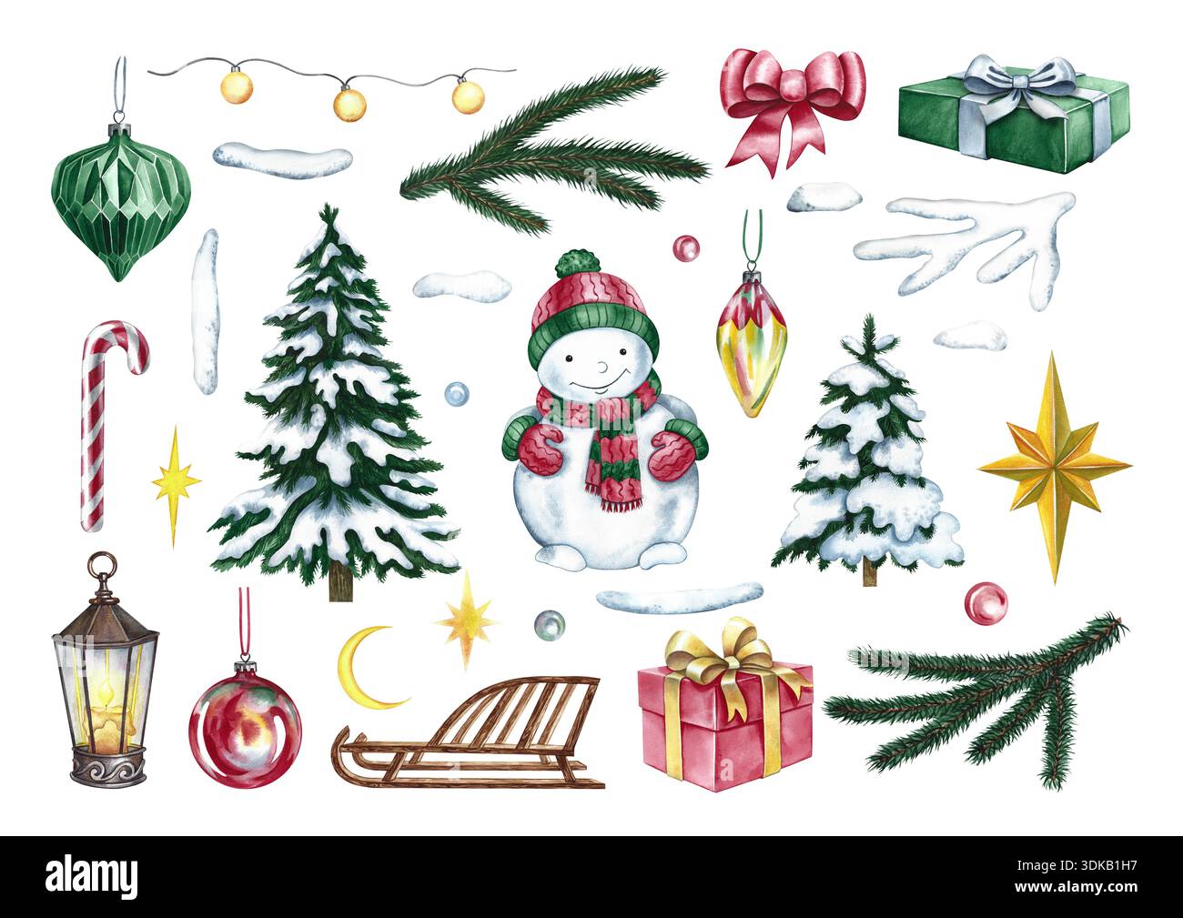 Set natalizio. Illustrazioni ad acquerello disegnate a mano. Elementi natalizi. Alberi di Natale, pupazzi di neve e regali, decorazioni, ecc. Per il saluto Foto Stock