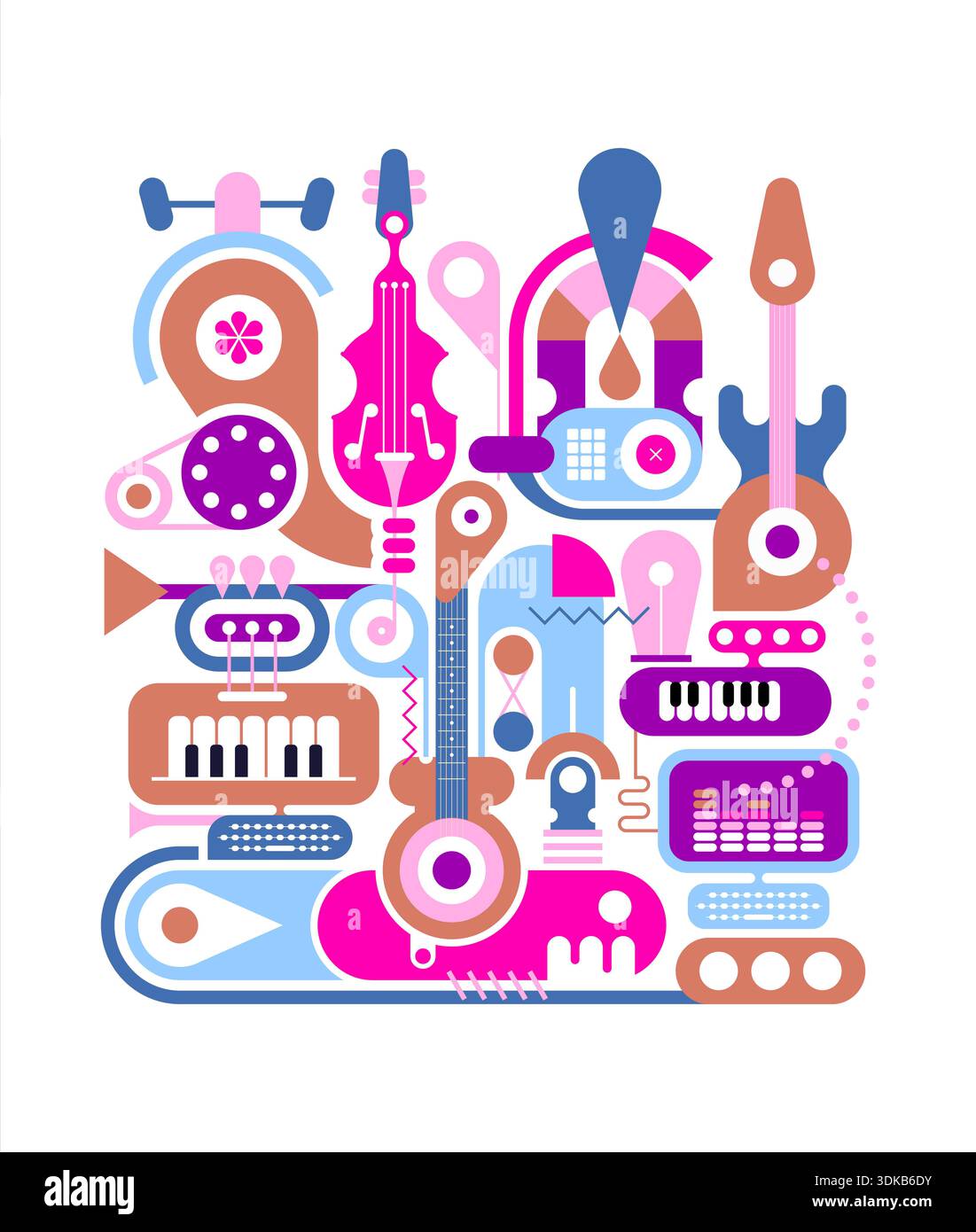 Design vettoriale astratto e colorato della produzione audio e della tecnologia musicale con strumenti musicali, apparecchiature audio ed elementi audio digitali, isolano Foto Stock