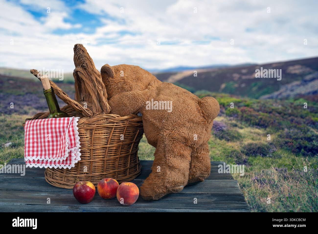 Un picnic all'aperto di natura morta con un orsacchiotto appoggiato a un cestino da picnic in vimini con una bottiglia di vino e frutta fresca su un tavolo di legno Foto Stock