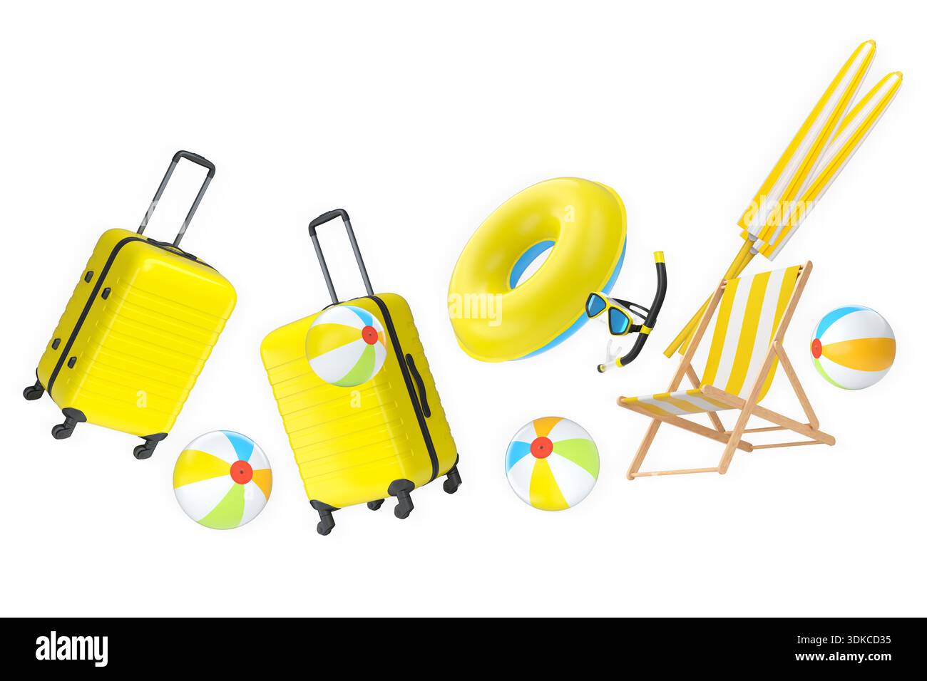 Articoli per le vacanze estive, tra cui valigie, palle da spiaggia, sedia e accessori isolati su sfondo bianco, concetto di viaggio per le vacanze. Foto Stock