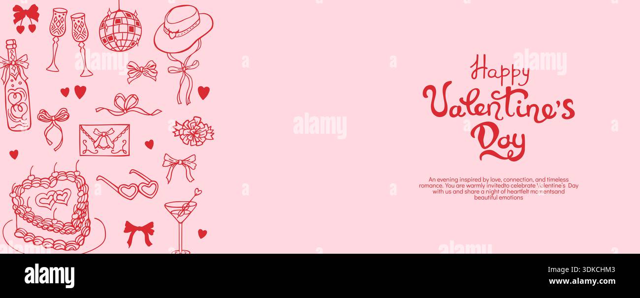 Stravagante banner orizzontale di San Valentino o carta con scarabocchi disegnati a mano. Linea elementi femminili cuore, fiocco, nastro, torta, schizzo di cocktail. Look da cowgirl romantico e vintage Illustrazione Vettoriale