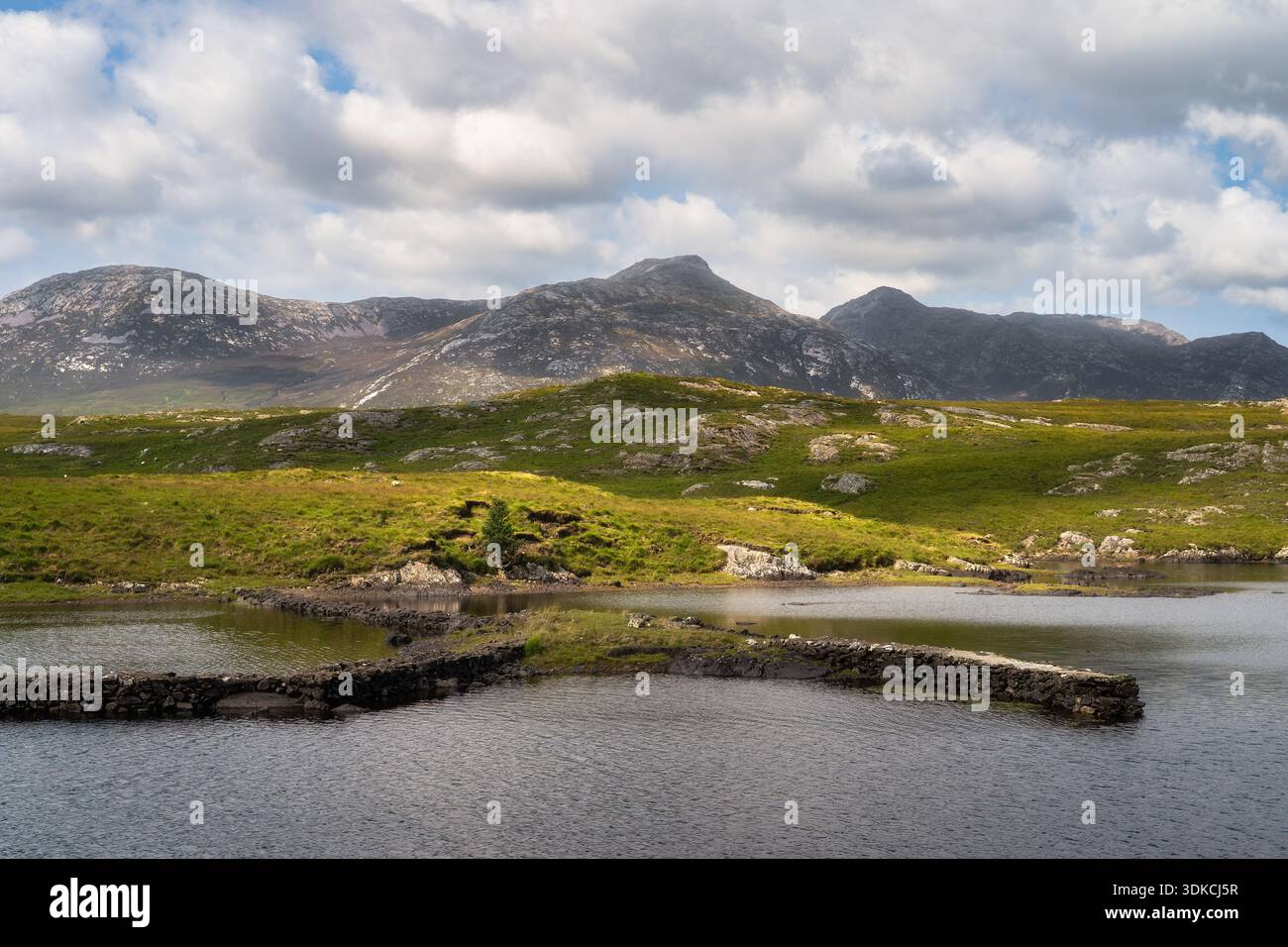 Brughiera rocciosa con una lontana cresta montuosa nel Connemara, Galway, Irlanda. Affioramenti di erba e pietra, piscine paludose e nuvole spettacolari. Terreno ruvido che trasporta Highlan grezzo Foto Stock
