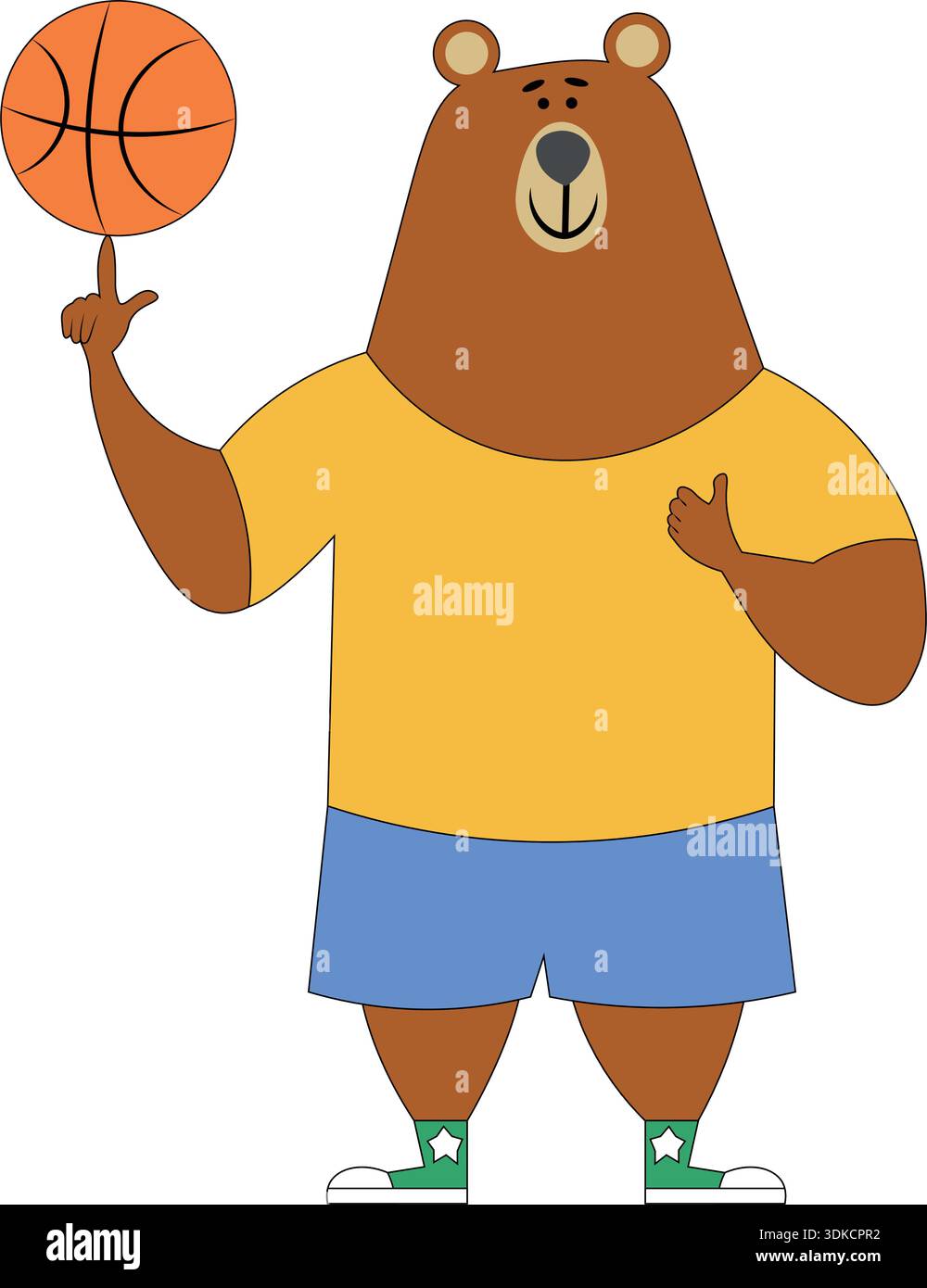 Un piccolo orsacchiotto in abbigliamento sportivo gioca con un basket. Simpatico giocatore di basket con orsacchiotto. Illustrazione vettoriale a colori con sfondo. Illustrazione Vettoriale