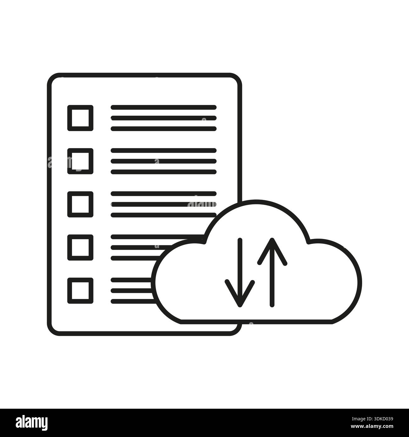 Checklist archiviazione cloud. Vettore di sincronizzazione dati. Carica simbolo di download. Elenco file documento. Illustrazione Vettoriale