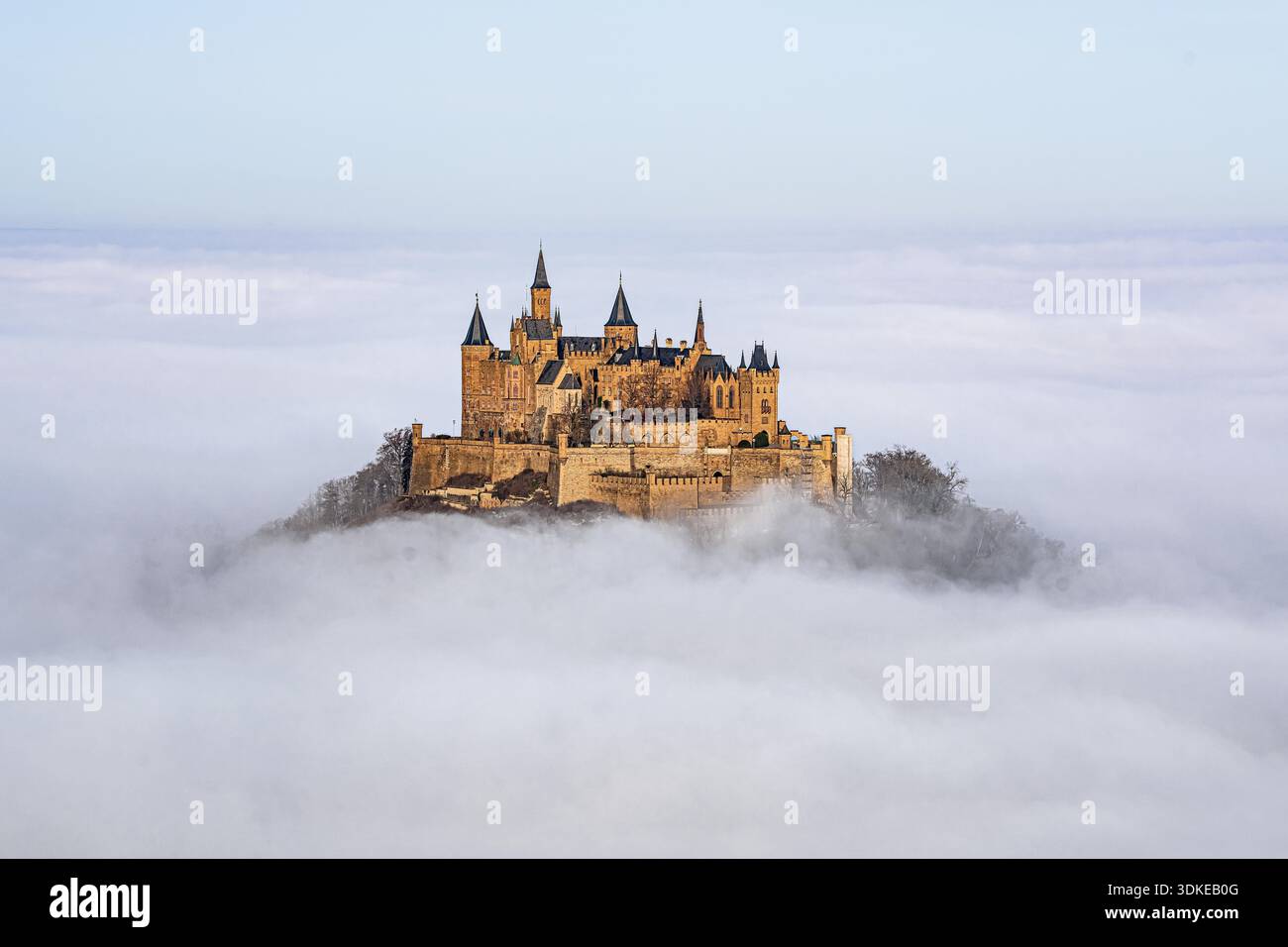 La vista del castello di Hohenzollern che emerge dalla nebbia dal Corno Zeller è spettacolare. Foto Stock