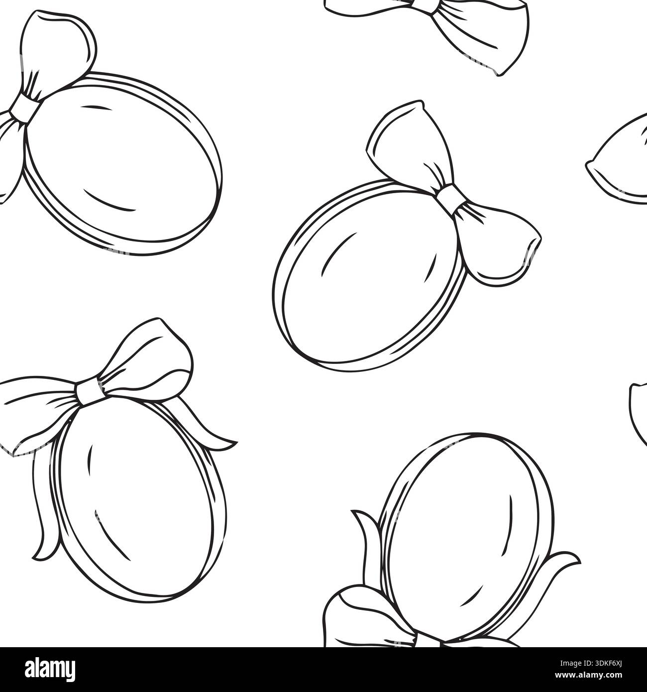 Disegno senza cuciture fatto di uova di Pasqua disegnato a mano con un fiocco in stile grafico dettagliato su sfondo bianco Illustrazione Vettoriale