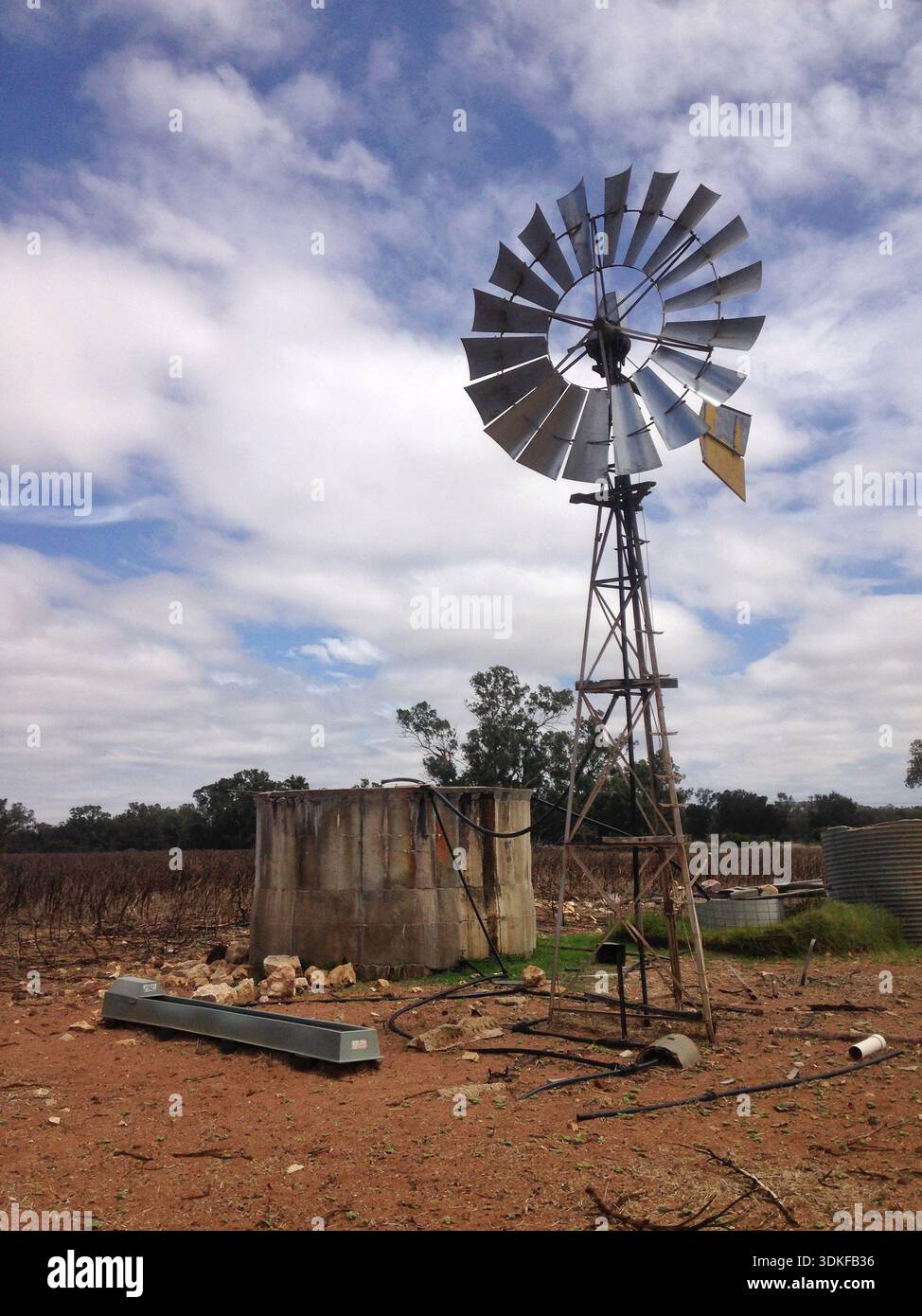 Mulino a vento tradizionale e serbatoio d'acqua su terreni agricoli rurali - Australia Occidentale, Australia Foto Stock