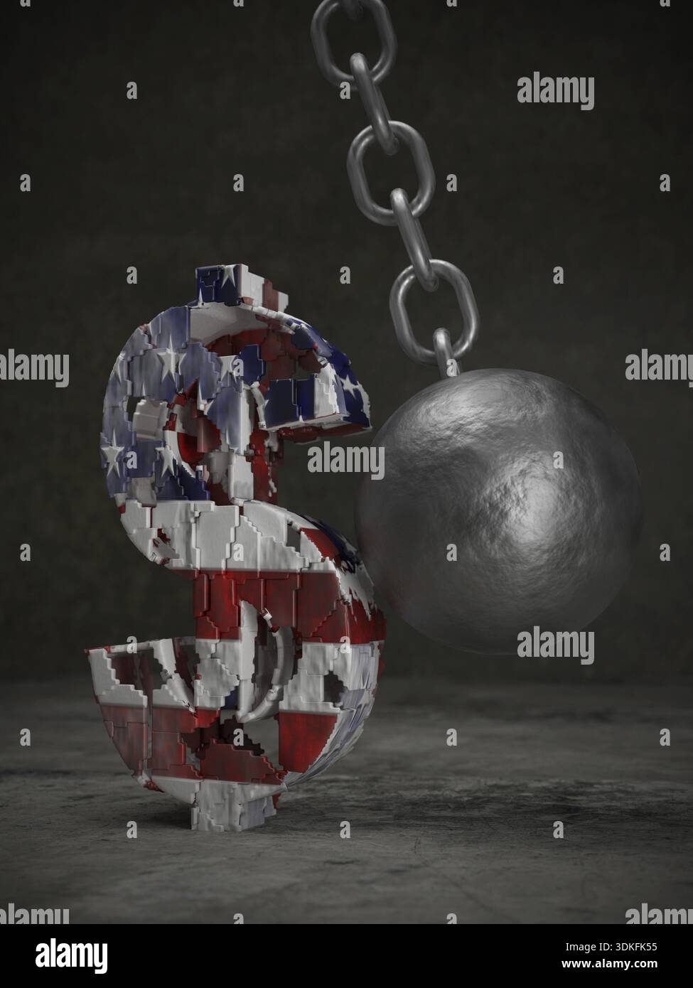 3D rendering del dollaro americano simbolo di essere colpito e distrutto da metallo grande palla di demolizione Foto Stock