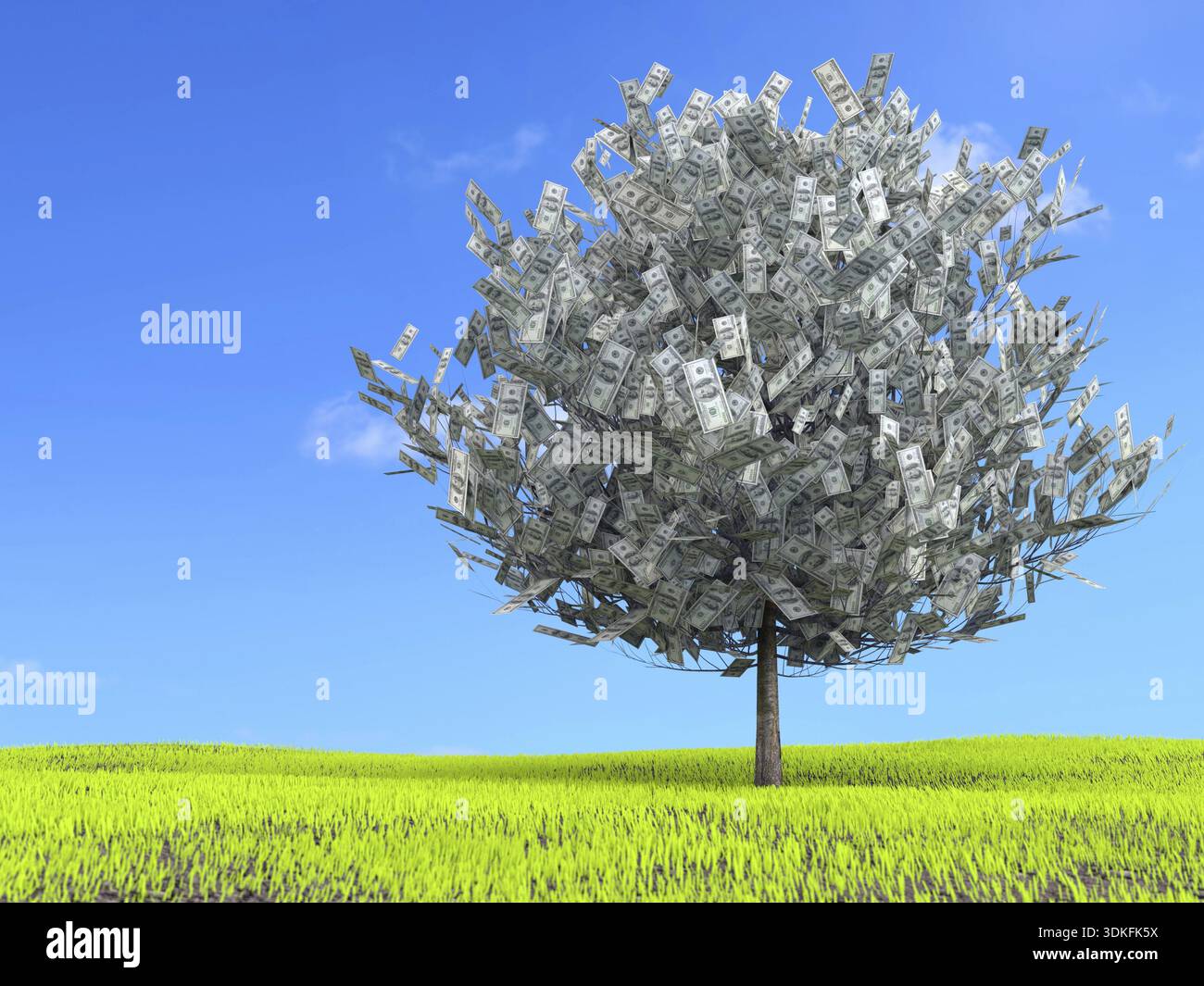 3D rendering di un centinaio di dollari di albero che cresce su erba verde prato Foto Stock